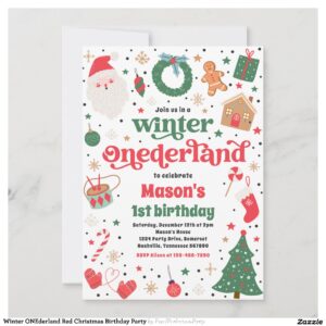 Winter ONEderland Red Christmas Birthday Party Invitation