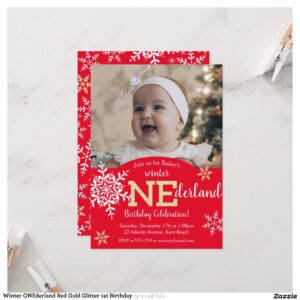 Winter ONEderland Red Gold Glitter 1st Birthday Invitation