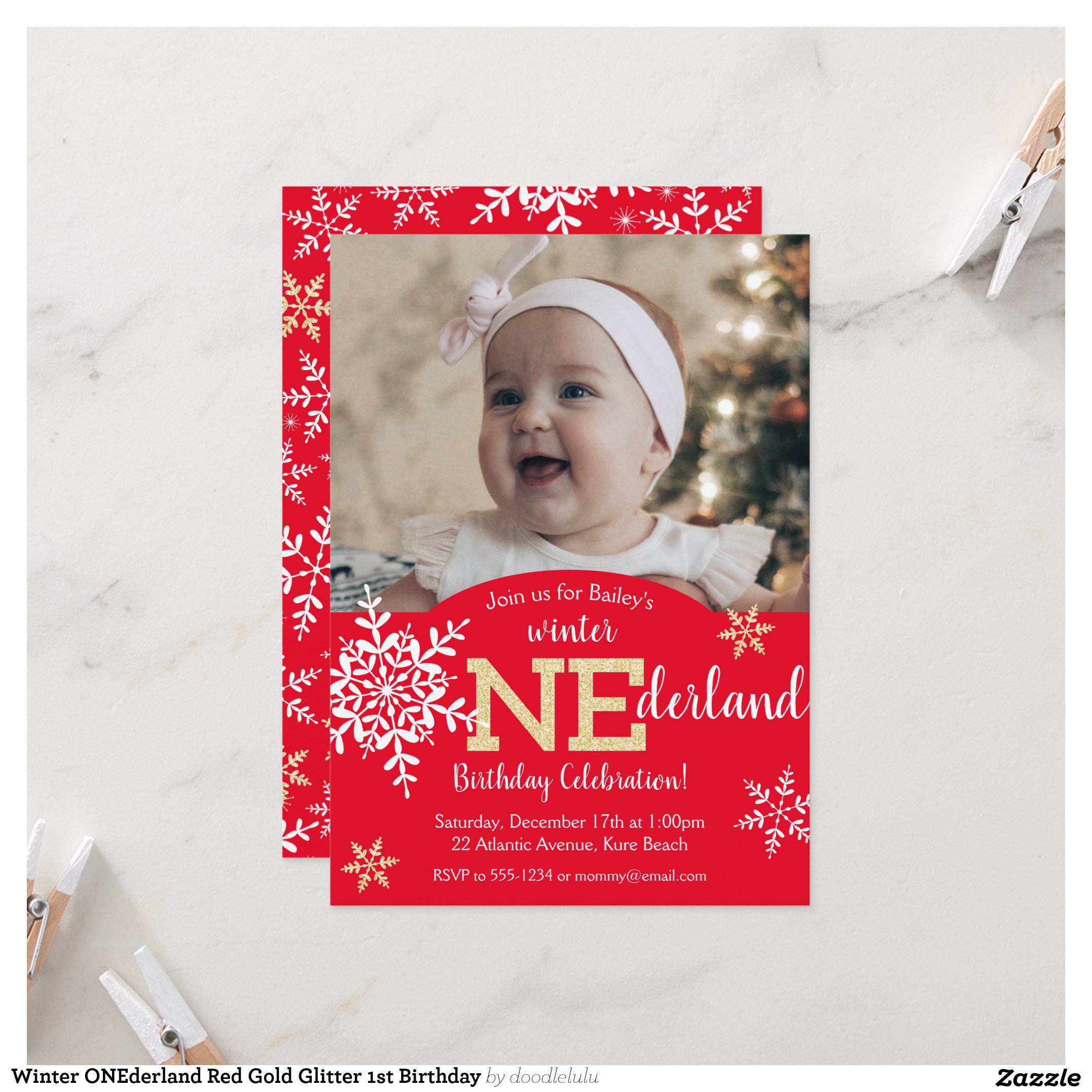 Winter ONEderland Red Gold Glitter 1st Birthday Invitation