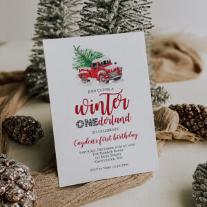 Winter Onederland Red Truck First Birthday Invitation