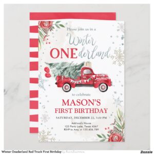 Winter Onederland Red Truck First Birthday Invitation