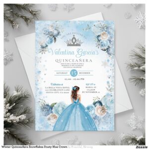 Winter Quincea?era Snowflakes Dusty Blue Crown Invitation