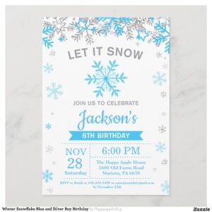 Winter Snowflake Blue and Silver Boy Birthday Invitation