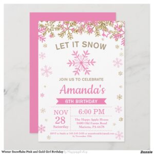 Winter Snowflake Pink and Gold Girl Birthday Invitation