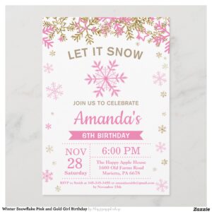 Winter Snowflake Pink and Gold Girl Birthday Invitation