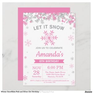 Winter Snowflake Pink and Silver Girl Birthday Invitation