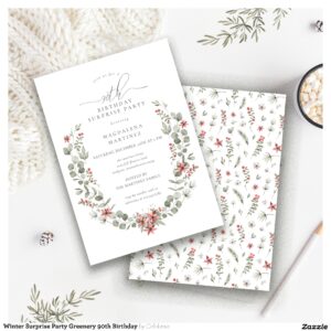 Winter Surprise Party Greenery 90th Birthday Invitation