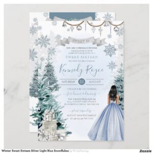Winter Sweet Sixteen Silver Light Blue Snowflakes Invitation