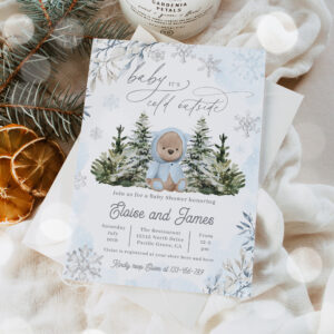 Winter Teddy Bear Snowflakes Blue Boy Baby Shower Invitation