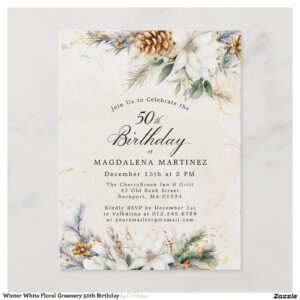 Winter White Floral Greenery 50th Birthday Invitation Postcard