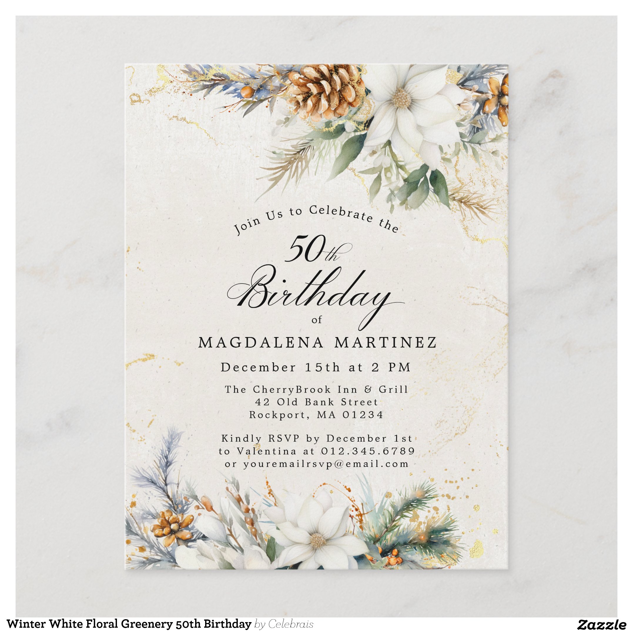 Winter White Floral Greenery 50th Birthday Invitation Postcard