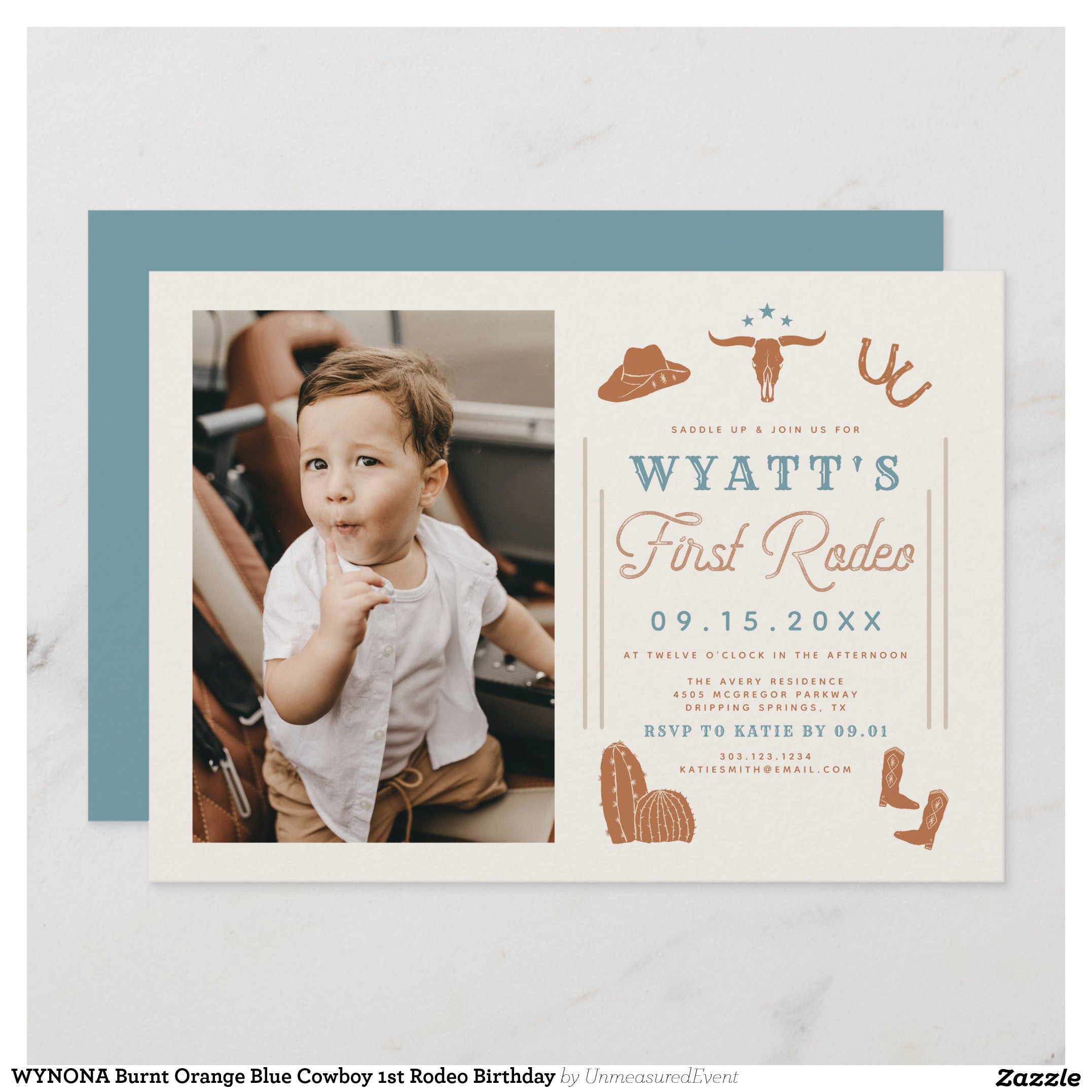 WYNONA Burnt Orange Blue Cowboy 1st Rodeo Birthday Invitation