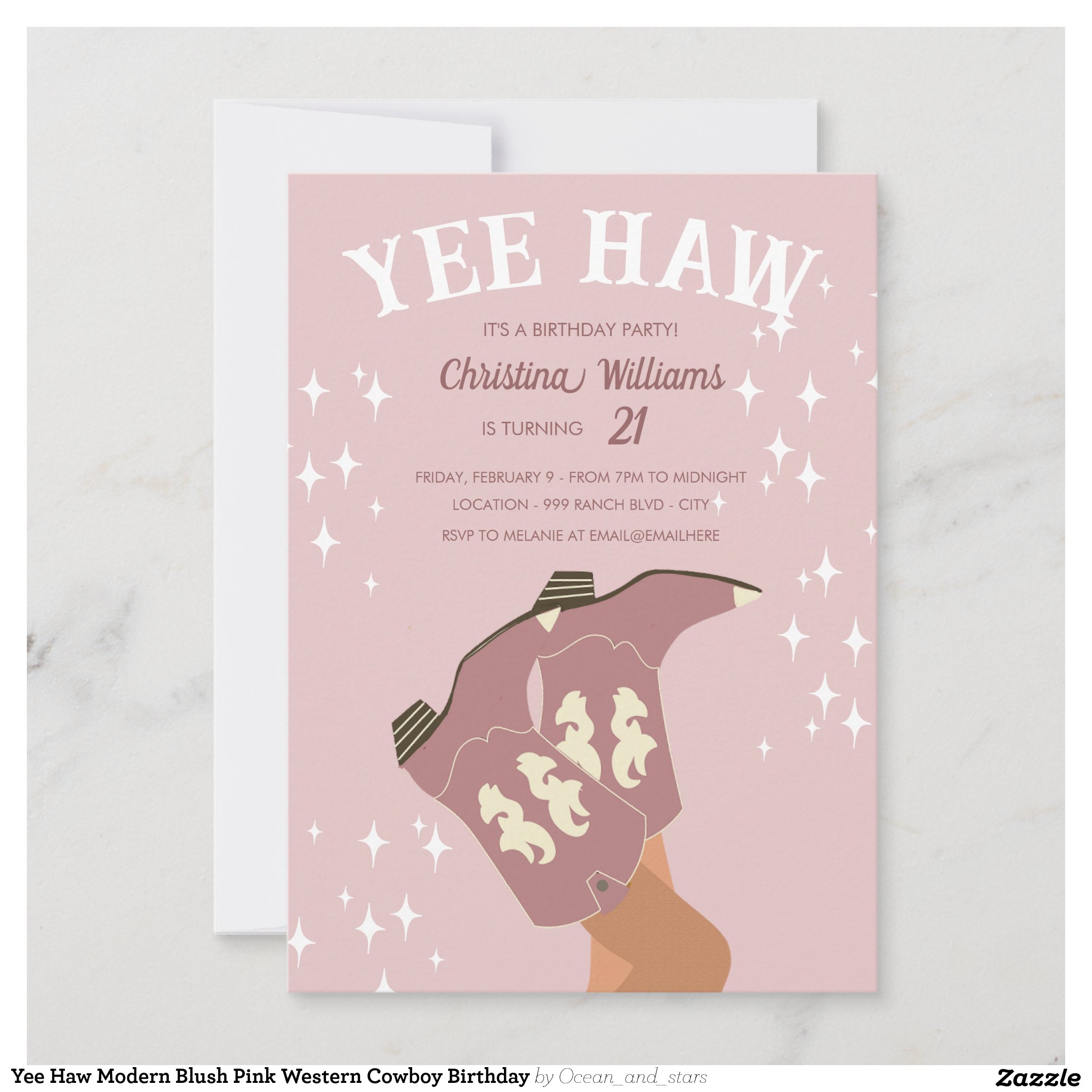 Yee Haw Modern Blush Pink Western Cowboy Birthday Invitation
