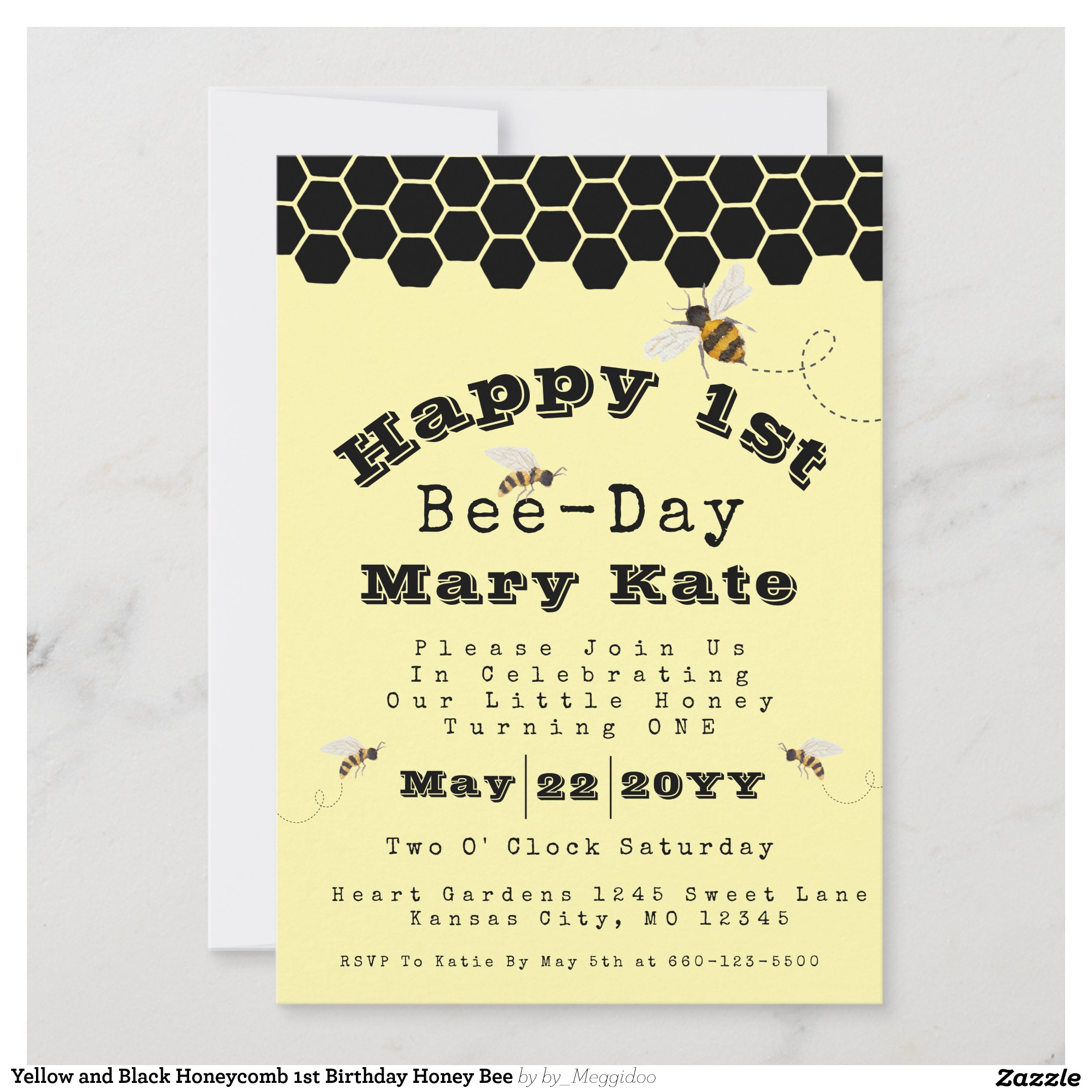 Yellow and Black Honeycomb 1st Birthday Honey Bee Invitation