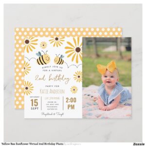 yellow_bee_sunflower_virtual_2nd_birthday_photo_invitation_postcard-rdbeca3d3ba42464f97b48c260ab764ff_tcvyg_2154 Yellow Bee Sunflower Virtual 2nd Birthday Photo Invitation Postcard