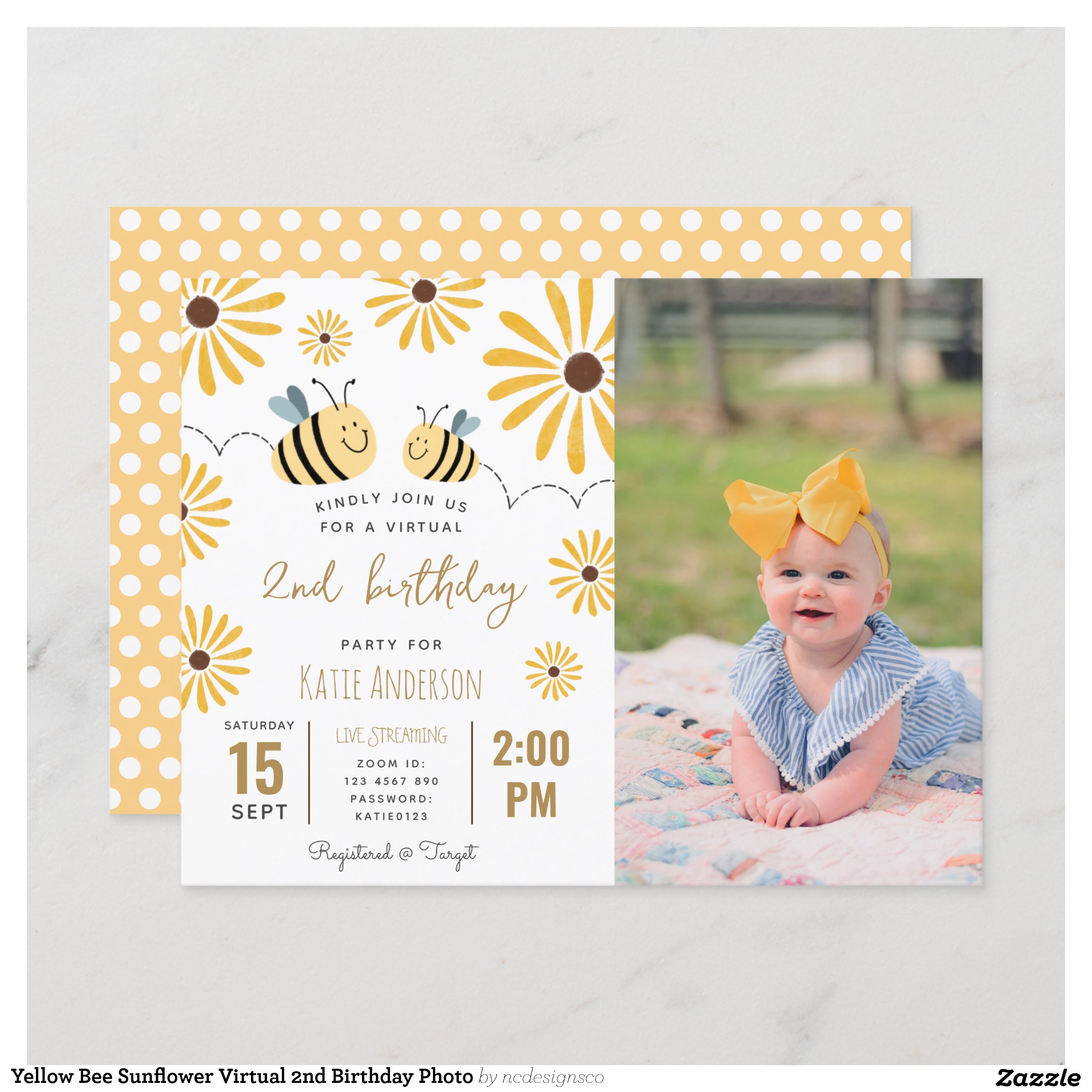 Yellow Bee Sunflower Virtual 2nd Birthday Photo Invitation Postcard