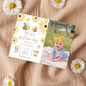 yellow_bee_sunflower_virtual_first_bee_day_photo_invitation_postcard-r_80m5md_2154 Yellow Bee Sunflower Virtual First Bee-day Photo Invitation Postcard