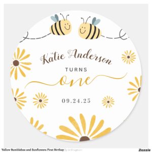 yellow_bumblebee_and_sunflowers_first_birthay_classic_round_sticker-rd026c60e58f14c6f89b1e93209f0bfcd_0ugmp_8byvr_2154 Yellow Bumblebee and Sunflowers First Birthay Classic Round Sticker