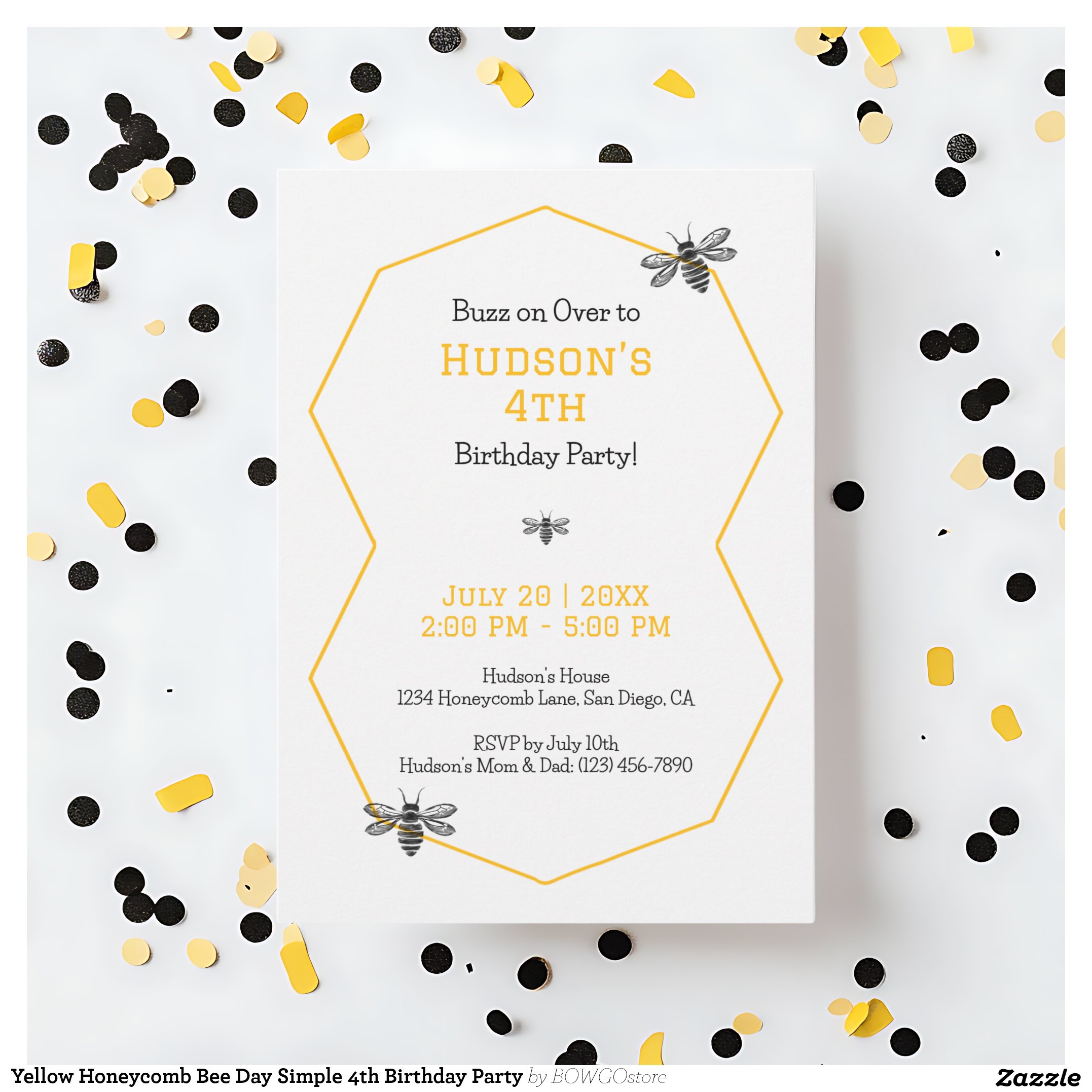 Yellow Honeycomb Bee Day Simple 4th Birthday Party Invitation