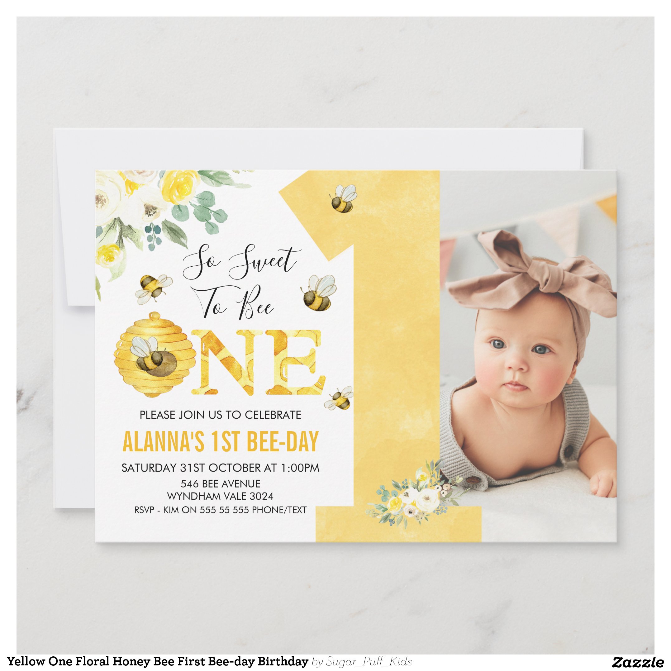 Yellow One Floral Honey Bee First Bee-day Birthday Invitation