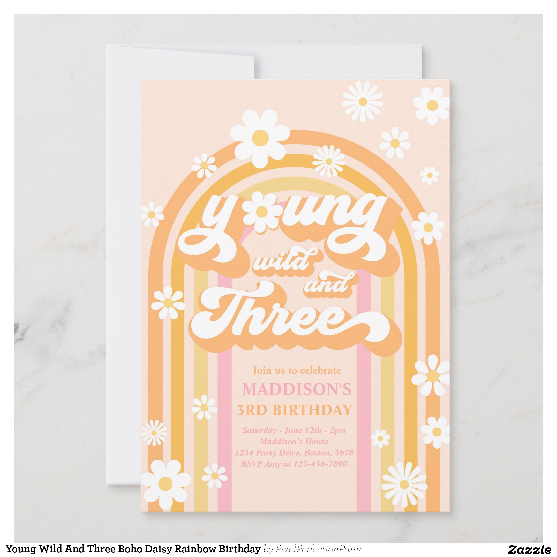Young Wild And Three Boho Daisy Rainbow Birthday Invitation