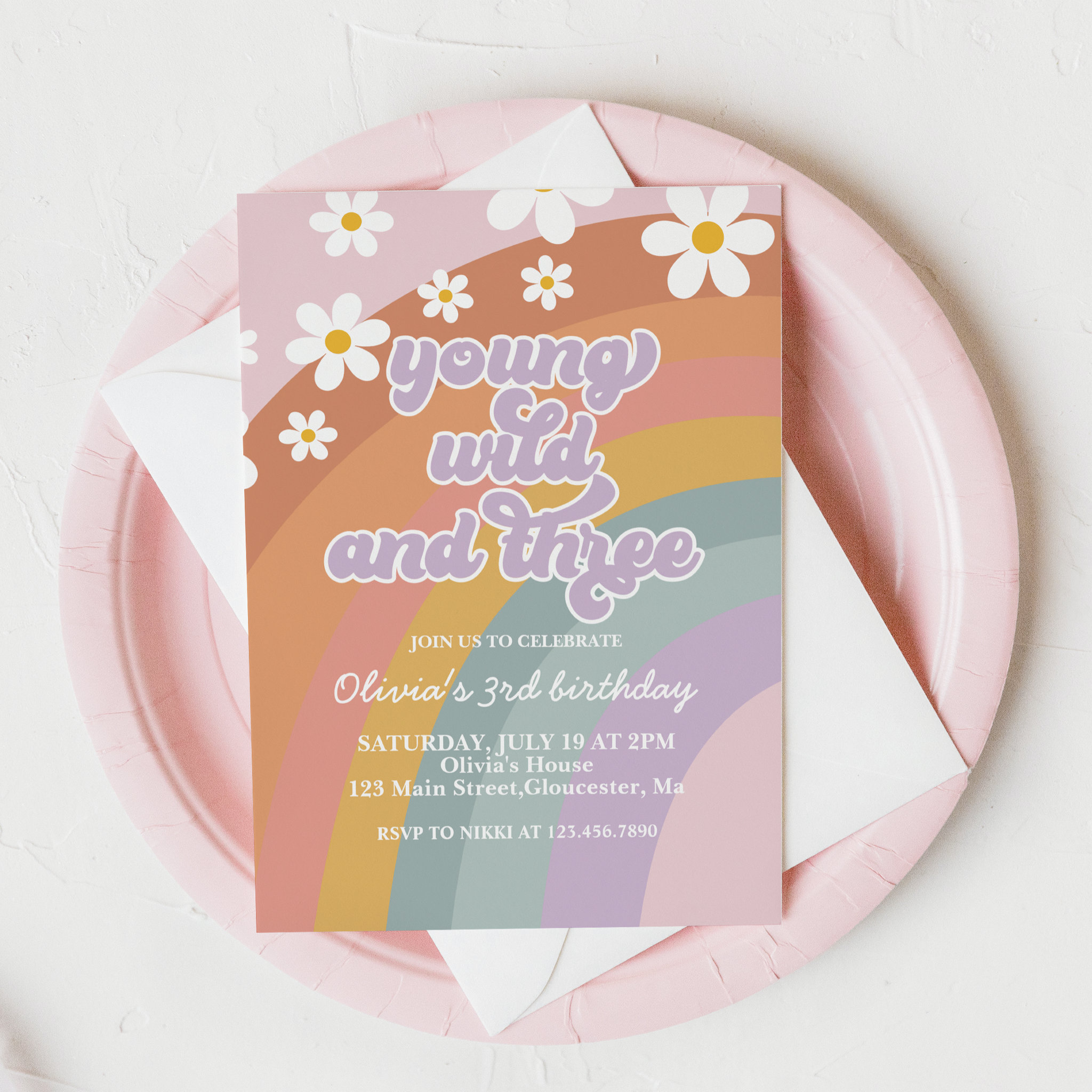 Young Wild and Three Retro Rainbow 3rd Birthday Invitation