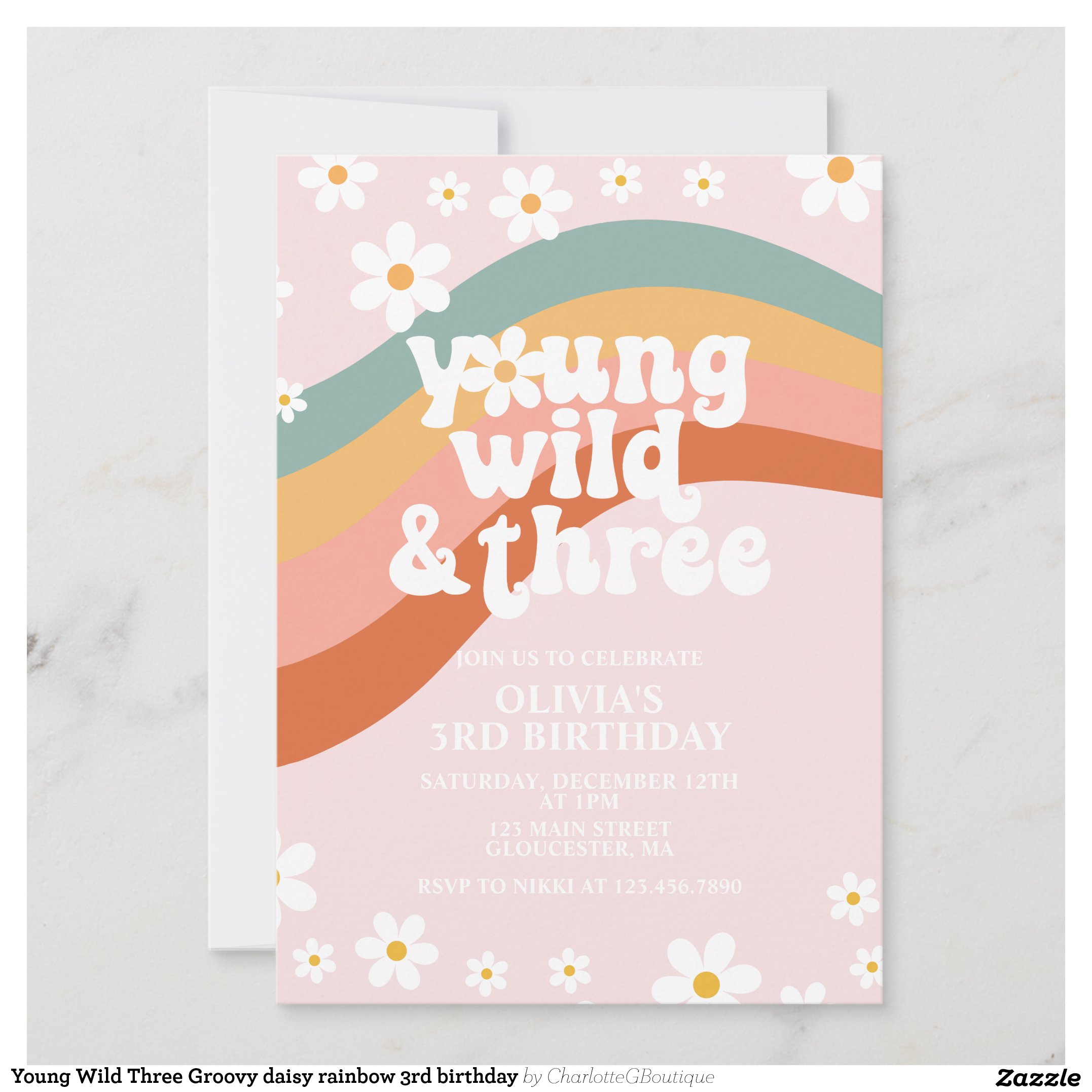 Young Wild Three Groovy daisy rainbow 3rd birthday Invitation