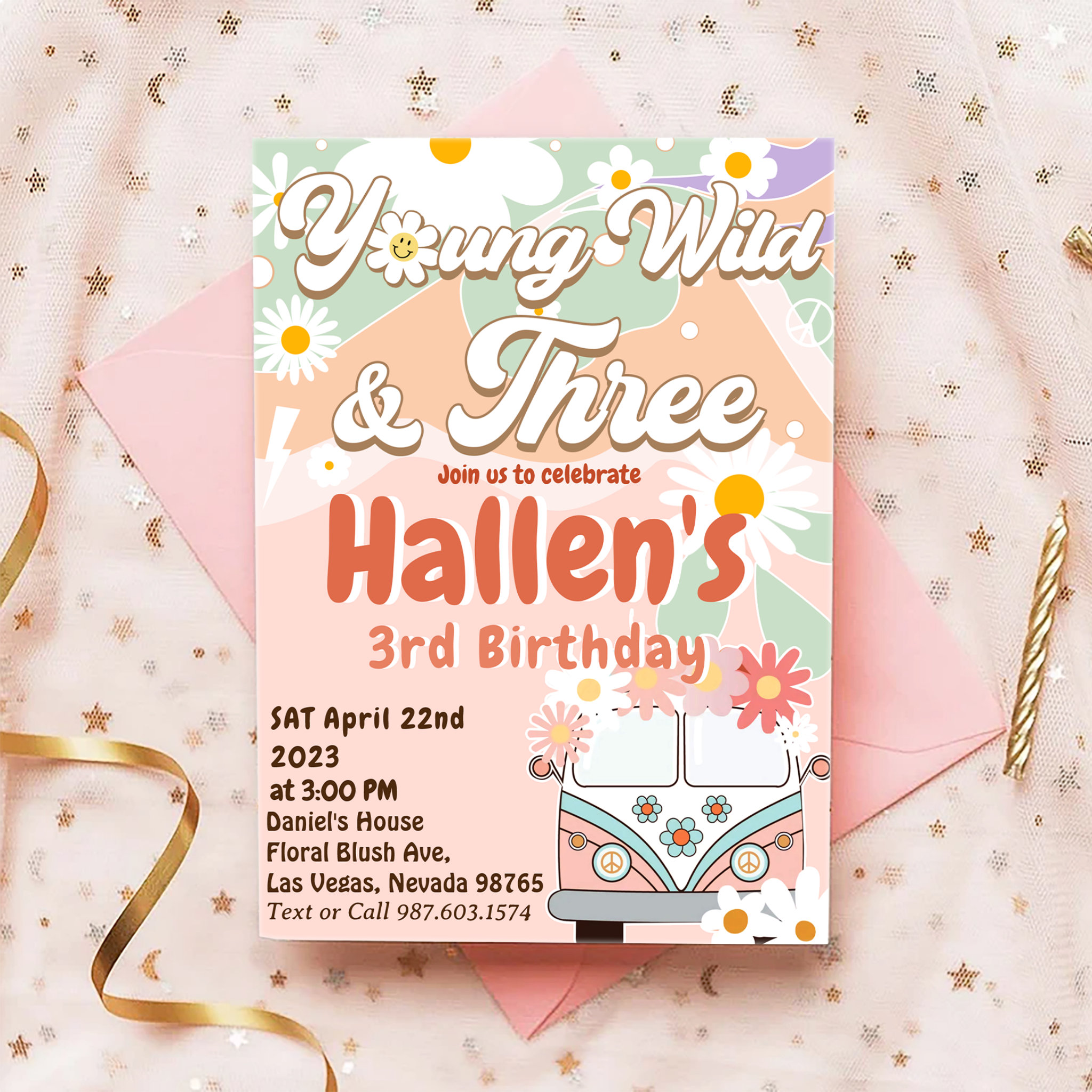 Young Wild & Three Groovy Rainbow 3rd Birthday Invitation