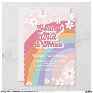 Young Wild Three Retro Rainbow 3rd Birthday Invitation