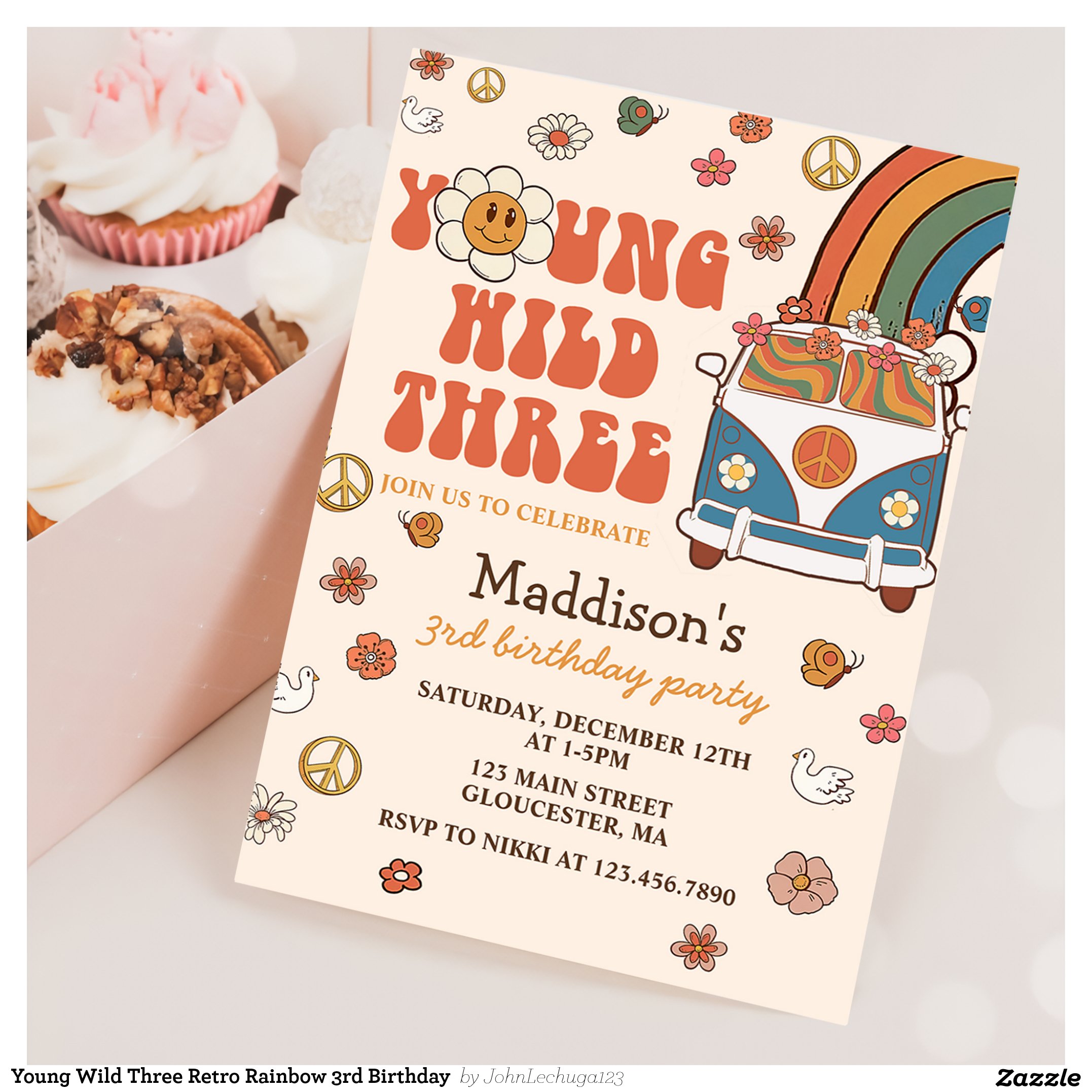 Young Wild Three Retro Rainbow 3rd Birthday Invitation