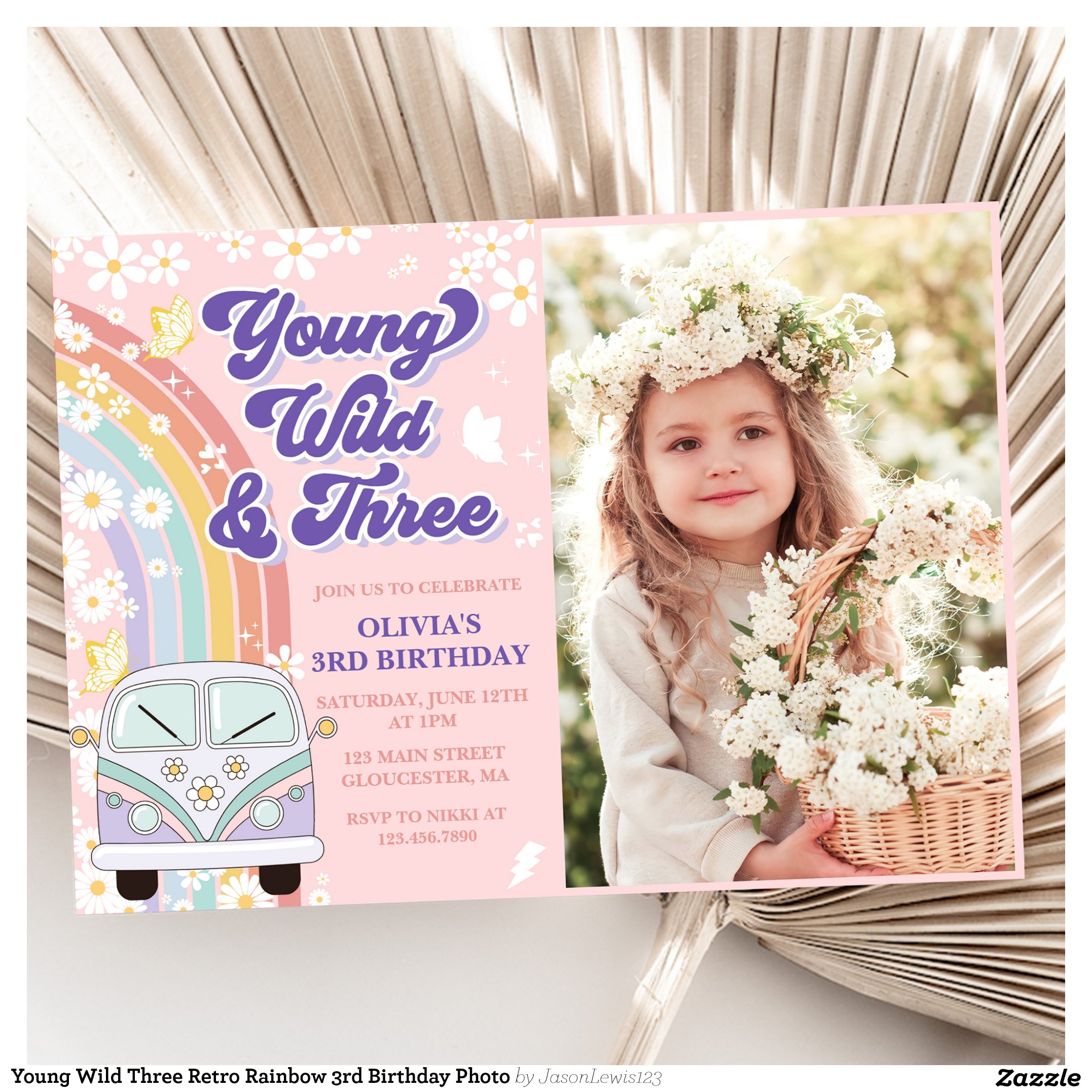 Young Wild Three Retro Rainbow 3rd Birthday Photo Invitation